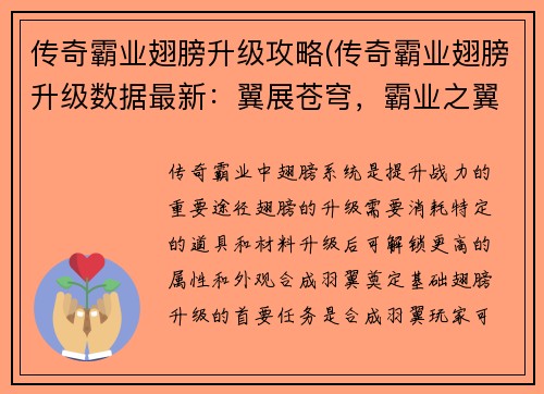 传奇霸业翅膀升级攻略(传奇霸业翅膀升级数据最新：翼展苍穹，霸业之翼破茧重生)